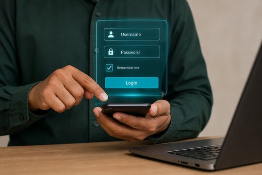 Person using a smartphone to log into an online account with glowing security interface screen