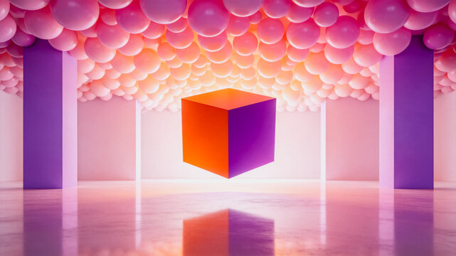 A floating orange and purple cube above a reflective floor, set in an interior space with pink balloons and purple pillars.