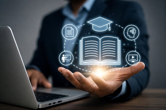 Businessman holding glowing digital online education icons above a laptop computer