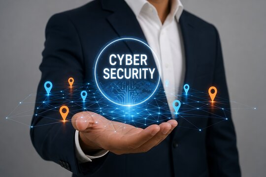 Businessman holding glowing cyber security hologram with location pins and network lines