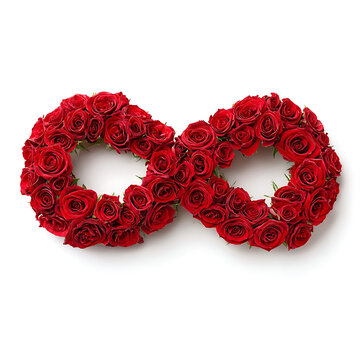 Infinity sign shape created from a dense arrangement of red roses with symbolism