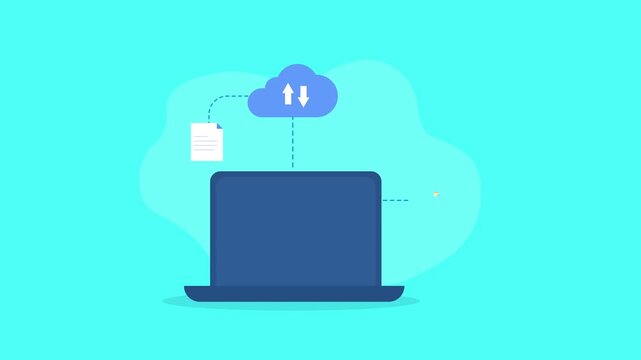 Flat vector animation showing bidirectional cloud file transfer with a laptop, document, folder, and clock icon in a clean digital technology concept.