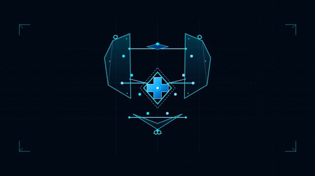 Futuristic blue HUD interface morphing with glowing vector lines and geometric nodes on a dark grid