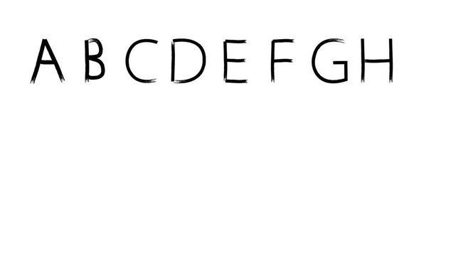 Hand-drawn paintbrush alphabet letters animation, sketchy handwriting font overlay on white background