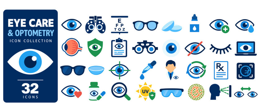 Eye care and optometry icon collection, 32 flat color icons: eye, phoropter, eye chart, glasses, contact lenses, eye drops, eye cross, eye tear, eye anatomy, eye shield, eye checklist, trial