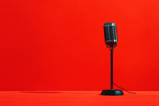 A vintage silver microphone standing on a vibrant red background for broadcast and media concepts