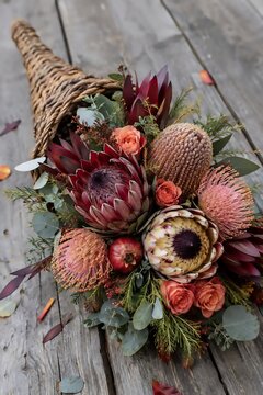 Autumn protea bouquet with banksia, roses and eucalyptus in wicker cornucopia on weathered wood