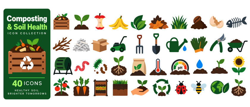 Composting and soil health icon collection, 40 flat color icons: compost bin, produce, sprout, apple core, banana peel, leaves, dry leaves, grass, coffee grounds, eggshells, fish bones, branches