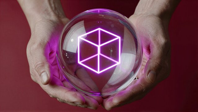 Hand holds glowing purple cube inside transparent sphere against red background.