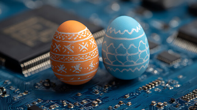 Two painted Easter eggs on a blue circuit board