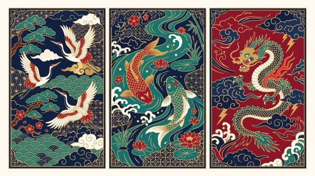 Japanese vector illustration triptych featuring traditional cranes koi fish and mythical dragon in ornate style
