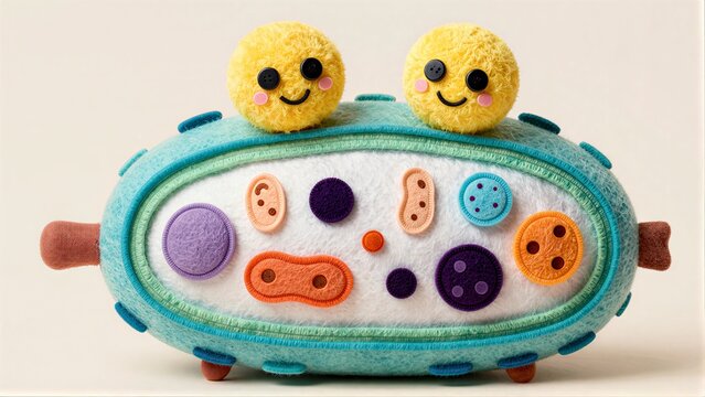 Two smiling yellow pom-poms atop a colorful, felt-cell toy with playful organelles.
