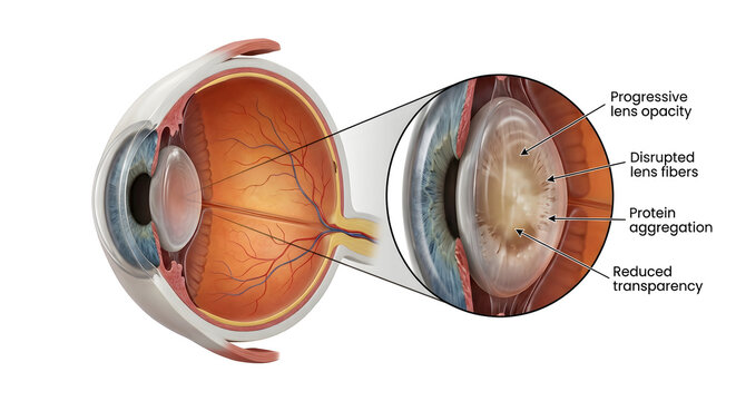 human eye anatomy illustration showing cataract formation progressive lens opacity disrupted lens fibers protein aggregation reduced transparency magnified 3d medical render educational health