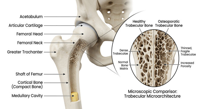 human hip bone and femur anatomy 3d render medical illustration showing detailed healthy and osteoporotic trabecular bone comparison with labeled parts for education and healthcare research