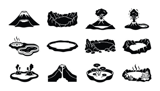 Volcano Icons Set, Geological Landforms Collection, Earth Science Vector Graphics, Natural Disaster Symbols, Mountain Eruptions and Craters