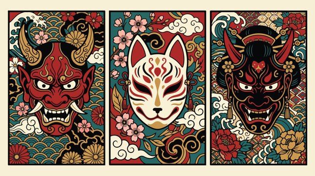 Japanese masks vector illustration set featuring traditional demon hannya kitsune fox and ornate floral patterns