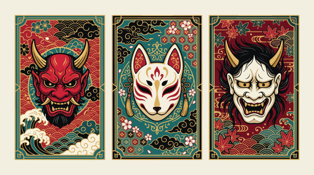 Japanese masks collection featuring traditional hannya kitsune and demon characters in decorative flat vector art style