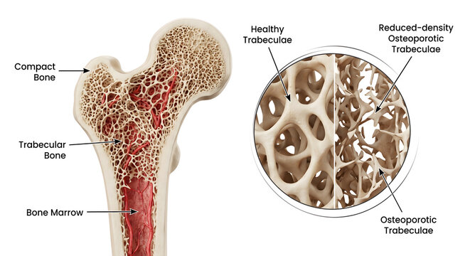 human femur bone osteoporosis comparison illustration detailing healthy and reduced density osteoporotic trabeculae in a scientific 3d render for medical education research and anatomical studies of