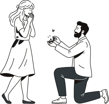 A man proposing to a woman with a ring is depicted in a monochrome silhouette affection anniversary blackandwhite celebration commitment