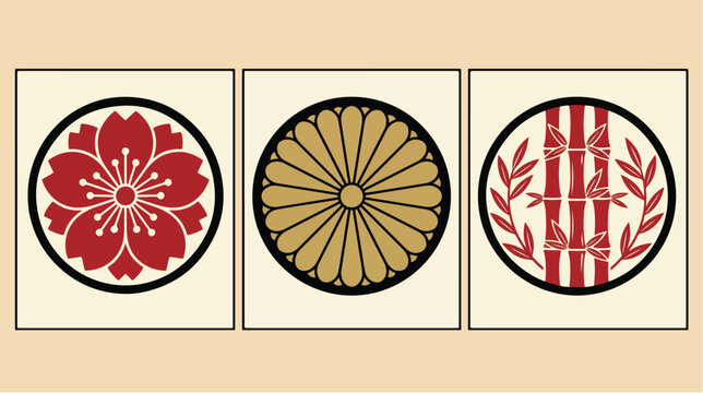 Japanese emblem vector set featuring traditional cherry blossom chrysanthemum and bamboo motifs in circular frames