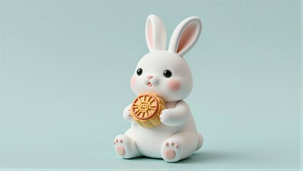 Fototapeta premium Cute white rabbit holds a mooncake, sitting peacefully on soft blue background.