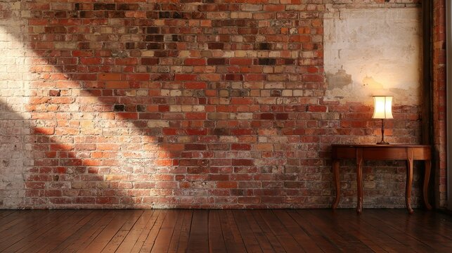 Red brick wall with a wooden table illuminated lamp and dark wooden flooring