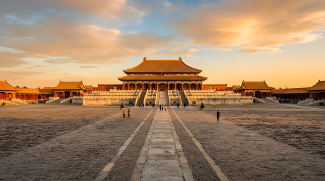 Forbidden city ancient architecture complex under warm golden hour sunset lighting.