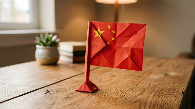 Origami chinese flag standing on rustic wooden table indoor home office decor desk.