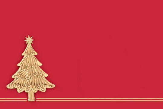 Gold Christmas tree vintage decoration design on red background. Minimal fantasy theme for festive holiday season with lines.