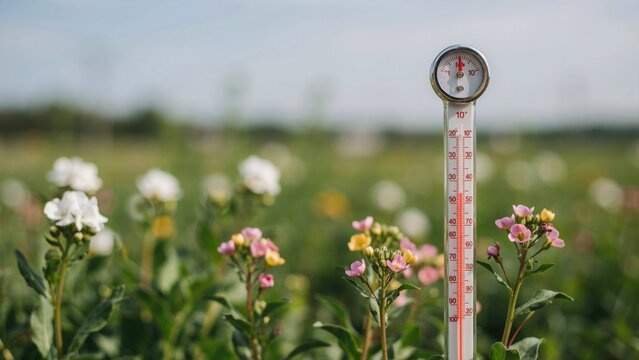 A garden thermometer measures outdoor temperature among blooming spring flowers. Ideal for climate change research or agricultural weather monitoring concepts.