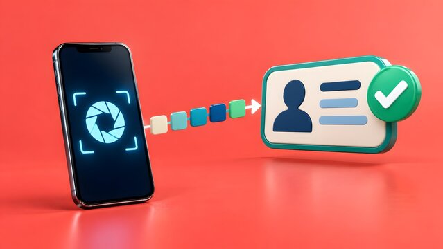 3D smartphone camera scanning digital ID card for e-KYC onboarding process and secure identity verification with data transfer on red background.