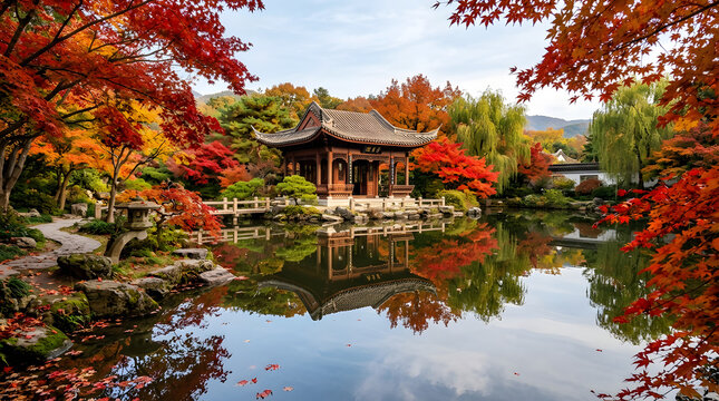 Traditional chinese garden pavilion autumn foliage red maples pond reflection view.