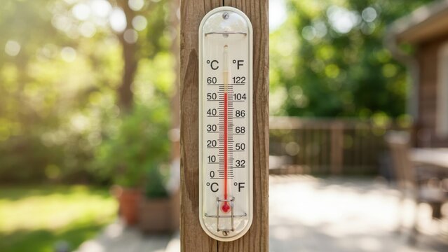 An outdoor thermometer mounted on a wooden post showing high temperature in summer. Weather monitoring concept for climate change and hot weather advisories.