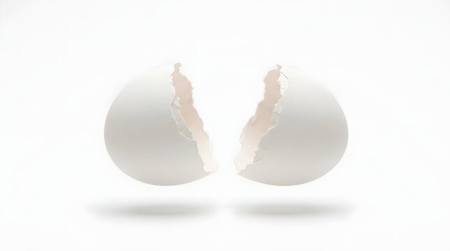 Two halves of an eggshell  visibly broken and separated  suspended in mid air over a clean white surface with subtle shadowing underneath