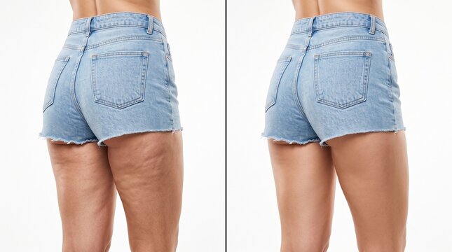 Woman demonstrating denim shorts fit comparison from front and back