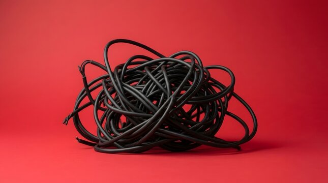 Black insulated wires are loosely coiled into an irregular knot  set against a vibrant red surface that contrasts sharply with their dark colo n