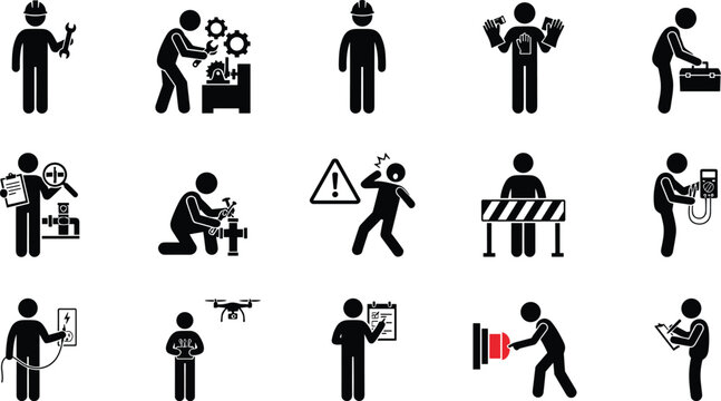 Industrial maintenance worker and safety hazard stick figure icons vector