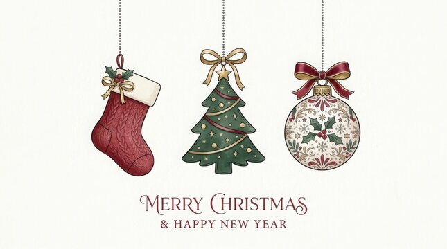 Watercolor christmas ornaments illustration with greeting