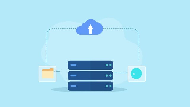Flat vector animation showing cloud data upload to a server with folder and checkmark icons, connected by a clean digital network interface.