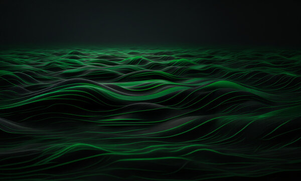 黒と緑の鮮やかなラインがうねるように幾重にも重なる抽象背景　Abstract Background Where Vivid Black and Green Lines Undulate and Overlap