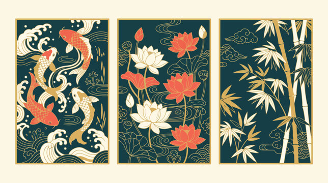 Asian floral vector illustration triptych featuring koi fish lotus flowers and bamboo stalks in traditional style