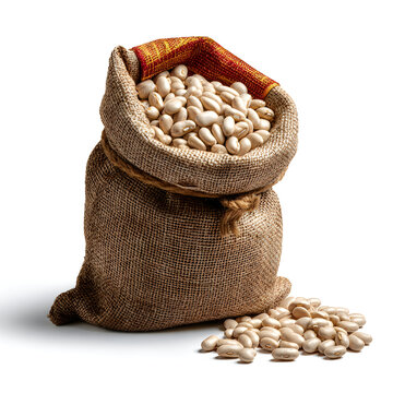 Burlap sack filled with white beans and loose beans beside it, rustic jute bag