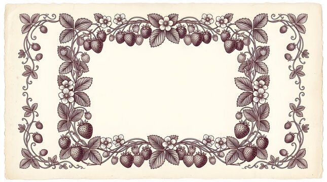 Decorative border featuring detailed illust ns of strawberries  leaves  and blossoms arranged in a classic vintage pattern around an empty central space