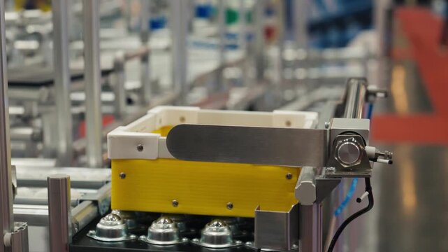 Smart industrial equipment loading cardboard boxes onto automated transport systems.