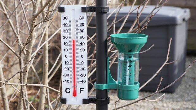 An outdoor thermometer and rain gauge mounted on a garden pole in daylight. Perfect for weather monitoring and gardening concepts.
