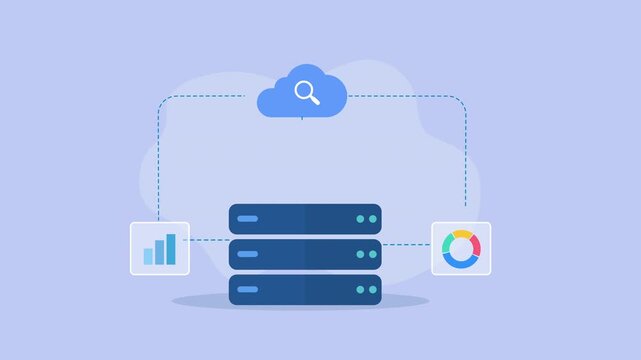 Flat vector animation showing cloud server analytics with database servers, chart icons, and digital data connections in a clean modern technology concept.