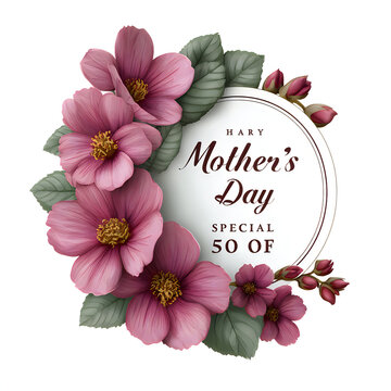 Mother day special fifty percent off badge with pink floral decoration