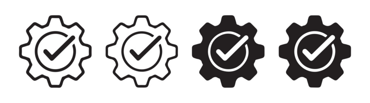 Black and white vector gear with check mark icons illustrating processes and quality control.