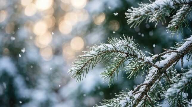 Snow covered pine tree branch in winter forest with seasonal