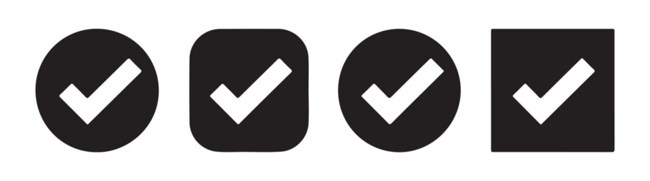 Collection of bold check mark icons in rounded geometric shapes for interface state indication use.